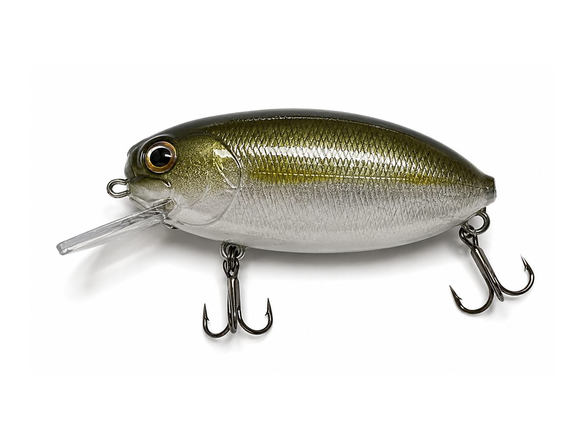 The CastIQ prototype: a compact billed crankbait, about 58 mm, in a shad finish with two treble hooks.